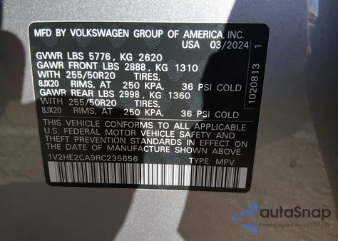 2024 Volkswagen Atlas Cross Sport 2.0T Se W/Technology z USA, uszkodzony, nr VIN 1V2HE2CA9RC235656